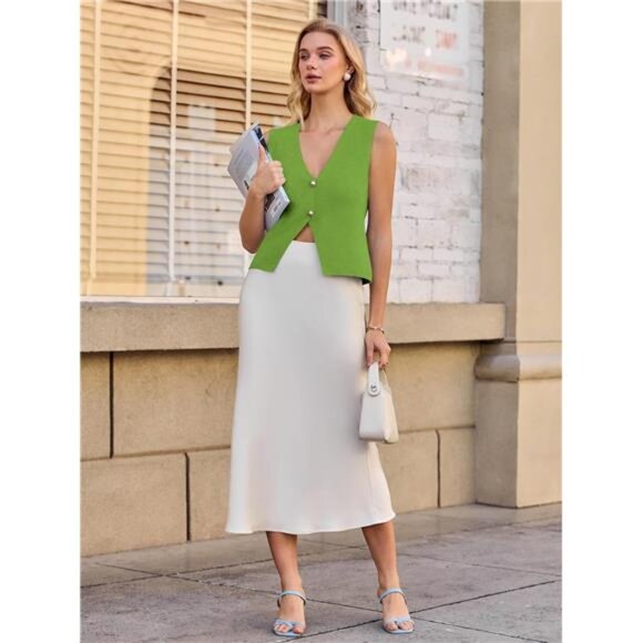 Womens Vest V Neck Button Down Crop Green - Picture 6 of 6